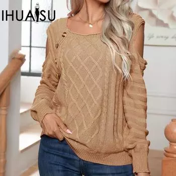 IHUASU Женский пуловер с квадратным вырезом на пуговицах, без бретелей, с длинными рукавами, из витого трикотажа S белый