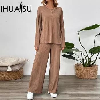 IHUASU Women s Casual Fashion Suit Tie Button Textured Fabric Solid Colour Wide Leg Pants Set S коричневый