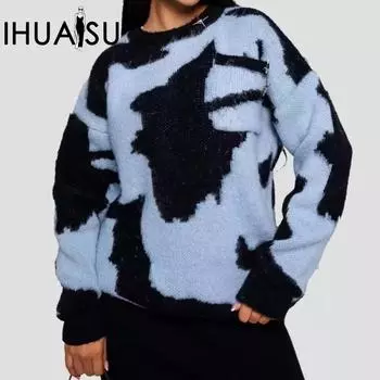 IHUASU Женский свитер большого размера с круглым вырезом, свободный тренд на осень и зиму, трикотажный топ с перекрестными полосками S чёрный
