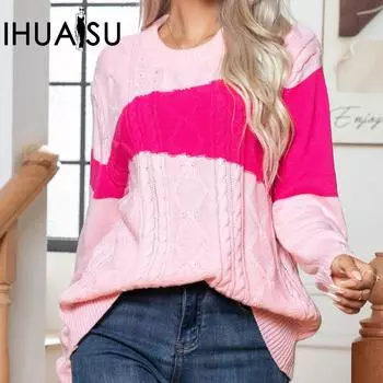 IHUASU Женский свитер Clashing Twist, свободный свитер с длинным рукавом для осени и зимы S розовый