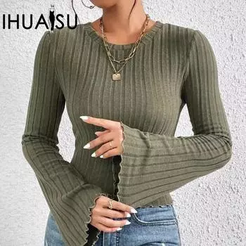IHUASU Женская осенняя короткая расклешенная футболка с длинным рукавом и круглым вырезом S армия зеленый