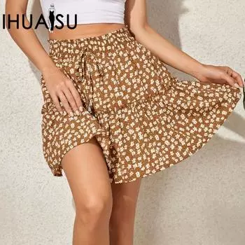 IHUASU Женская модная юбка-трапеция с высокой талией и принтом, короткая юбка с небольшим цветочным принтом S чёрный