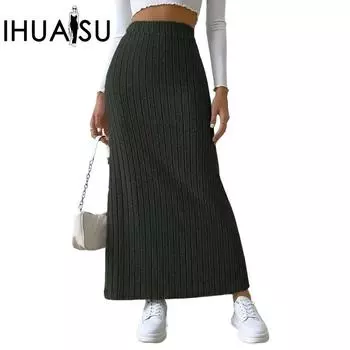 IHUASU Women s High Waist Side Slim Slit Knit Half Length Skirt