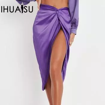 IHUASU Женское платье с высокой талией и нерегулярным вырезом на шее, сексуальное, однотонное, сатиновое, с разрезом, молнией, длинная юбка на бедрах S фиолетовый