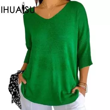 IHUASU Женский трикотажный повседневный свитер разноцветный узкий с V-образным вырезом однотонный трикотаж нижняя рубашка S чёрный