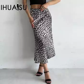 IHUASU женская атласная длинная юбка с леопардовым принтом и высокой талией, эластичная шелковистая длинная юбка S леопардовый/белый