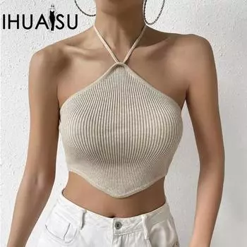 IHUASU Женский сексуальный темперамент Spice Girl с короткими рукавами и открытой спиной, трикотажный жилет с завязкой на шее S абрикосовый