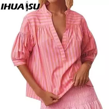 IHUASU Women s Shirt Casual Stripe Patchwork Folding Open Tube V-neck Top for Women S