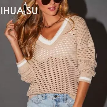 IHUASU Women s Slouchy Knit Sweater Summer Premium Long Sleeve Patchwork Sexy Hollow Out Sweater Cowl Sweater S baby голубой