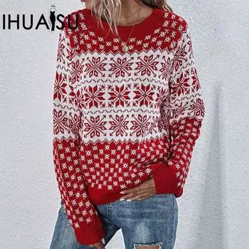 IHUASU Женский свободный рождественский свитер с длинными рукавами и круглым вырезом со снежинками S красный