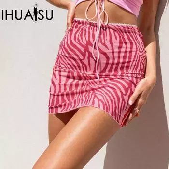 Женская юбка IHUASU с сетчатым принтом, весна-лето, высокая талия, двухслойная, облегающая, до бедер, юбка-полукомбинезон S красный