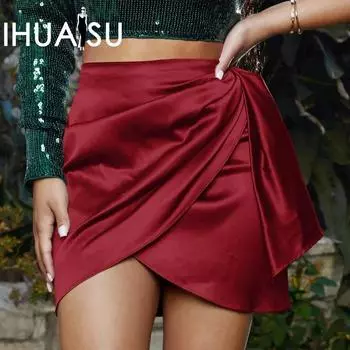 IHUASU женская летняя юбка-полуюбка с асимметричной молнией, плиссированная однотонная атласная короткая юбка с высокой талией S чёрный