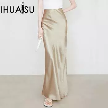 IHUASU Женская летняя атласная юбка-бюстье с высокой талией, эластичная, с цветочным узором, с ручной вязкой, темпераментная и элегантная однотонная длинная юбка S армия зеленый