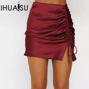 IHUASU Women s Summer Solid Colour Drawstring Pleated Wrap Hip Skirt Sexy High Waist Zipper Satin Halter Skirt