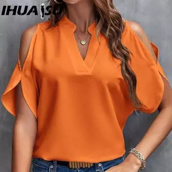 IHUASU Женский летний топ с V-образным вырезом и модными рукавами S белый