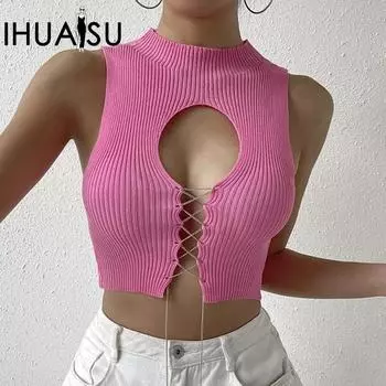 IHUASU Женские топы Sexy Hottie Hollow Out Tie Solid Color Short Slim Knit Tank Top S яркий розовый