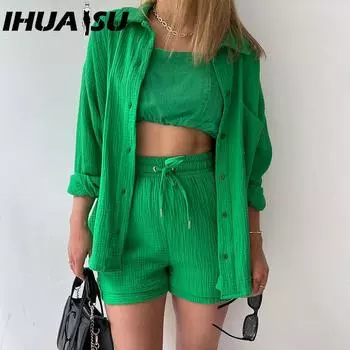 IHUASU Women s Two-piece Set of Pleated Fabric Lapel Long-sleeved Shirt, High-waisted Drawstring Shorts, Large-sized Fashionable Casual Suit S белый