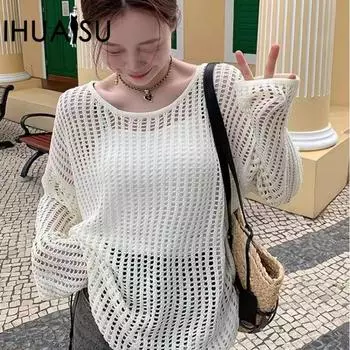 IHUASU женская ажурная трикотажная блуза лето и осень простой свободный повседневный топ ленивый ветер солнце рубашка One size чёрный