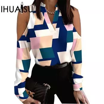 IHUASU Женская блузка с длинным рукавом без бретелек с принтом S розовый/белый