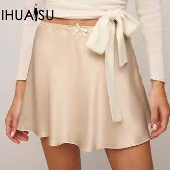 IHUASU Женская бутиковая атласная полуюбка с высокой талией, эластичная однотонная женская короткая юбка S чёрный