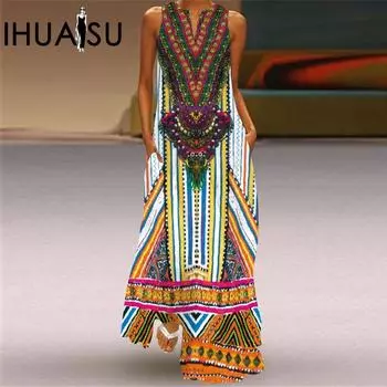 IHUASU женская длинная юбка с винтажным принтом и v-образным вырезом без рукавов, летнее сексуальное платье