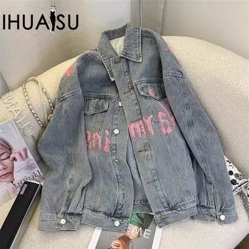 IHUASU Женская джинсовая куртка с принтом в виде граффити, осенне-зимняя, свободная, с длинными рукавами S синий