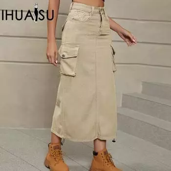 IHUASU Женская джинсовая рабочая юбка повседневная юбка средней длины полуоблегающая юбка Tide S чёрный
