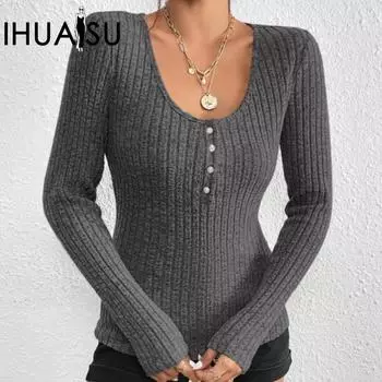 IHUASU Женская футболка Autumn Tide с круглым вырезом и полосками, однотонная, с длинным рукавом и пуговицами, в стиле пэчворк XS абрикосовый