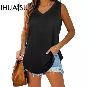 IHUASU Женская футболка без рукавов с V-образным вырезом и принтом «ласточкин хвост» S чёрный