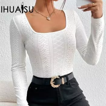 IHUASU Женская футболка с длинным рукавом и квадратным вырезом, осенняя, Niche S белый