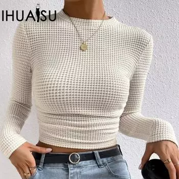 IHUASU Женская футболка с длинным рукавом и завязками на талии, облегающая, с длинными рукавами, с принтом «сотня», с круглым вырезом S абрикосовый