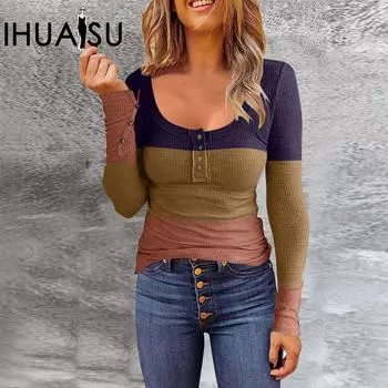IHUASU женская футболка с градиентом одинакового цвета, женский пуловер с круглым вырезом и пуговицами, модный тонкий топ с длинными рукавами S