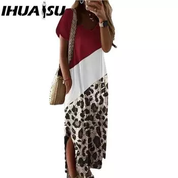 IHUASU Женская футболка с леопардовым принтом, цветная, с разрезом по бокам, длинная юбка, женская, цветная, черно-белая, с V-образным вырезом, женское платье S чёрный