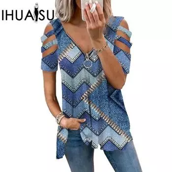 IHUASU Женская футболка с принтом на молнии и V-образным вырезом, свободная женская футболка с коротким рукавом S красный