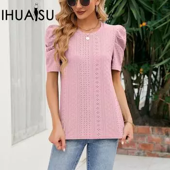 IHUASU Женская футболка с вырезом и круглым вырезом, плиссированная, с ворсистыми рукавами, свободный топ S розовый