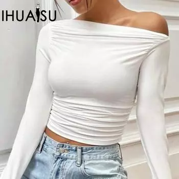 IHUASU Женская футболка весна/лето с баской, косыми плечами, плиссировкой и длинным рукавом S чёрный