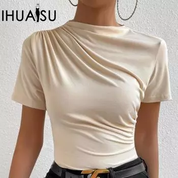 Женская футболка IHUASU весна/лето с высоким воротом и коротким рукавом, плиссированная, тонкая S абрикосовый
