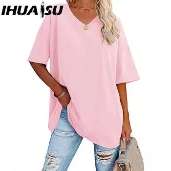 IHUASU Женская хлопковая туника-блузка свободного кроя с коротким рукавом и V-образным вырезом, весна-лето S чёрный