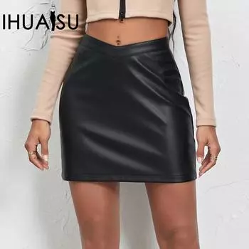 IHUASU Женская короткая юбка из искусственной кожи, модная кожаная юбка с V-образным вырезом и открытой молнией на пупке, платье-халтер S чёрный