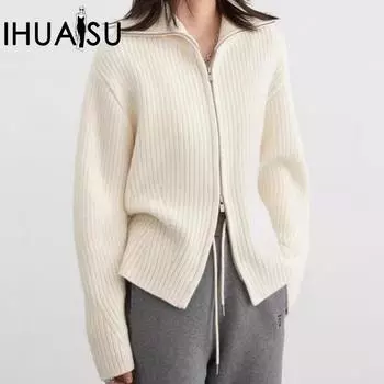 IHUASU Женская куртка-джемпер с двойной молнией в ленивом стиле, осенне-зимний свободный вязаный кардиган для пожилых людей с чувством досуга one size чёрный