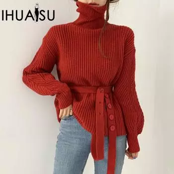 IHUASU Женская куртка-свитер с высоким воротником и завязками в стиле ленивой моды на осень и зиму с рукавами-фонариками S красный