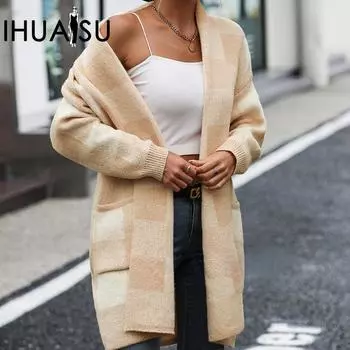 IHUASU Женская куртка свободный клетчатый кардиган с цветными блоками, модный свитер S зелёный