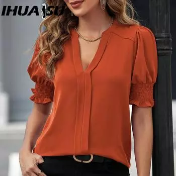 IHUASU Женская летняя блузка с V-образным вырезом и пышными рукавами, однотонная блузка S фиолетовый