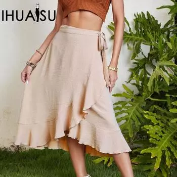 IHUASU Женская летняя цельная юбка на шнуровке, длинная, неровная, однотонная, с бретельками через шею S красный