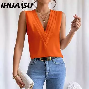IHUASU Женская летняя майка-топ с V-образным вырезом, однотонная S белый