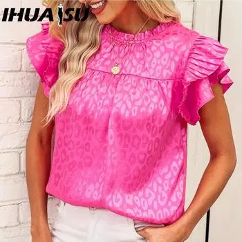 IHUASU Женская летняя мода, универсальный топ с принтом в виде лотоса и волнистым вырезом S