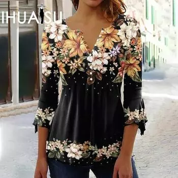 Женская летняя модная футболка IHUASU с цветочным принтом и V-образным вырезом, рукав 7/10 S светло-синий