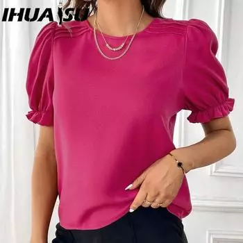 IHUASU Женская летняя модная стильная однотонная рубашка с круглым вырезом S чёрный