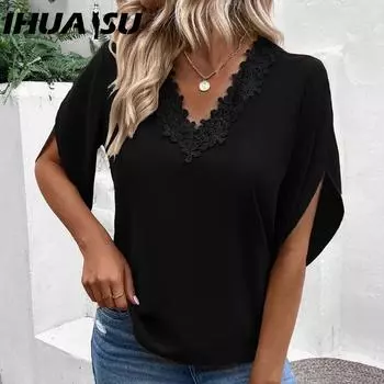 IHUASU Женская летняя однотонная кружевная блузка свободного кроя с V-образным вырезом и расклешенными рукавами S чёрный