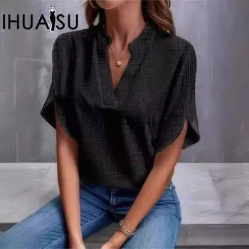 IHUASU женская летняя однотонная свободная льняная блузка с v-образным вырезом и открытыми плечами, женская блузка S чёрный